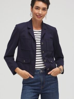 NWT ADORABLE Chico's Navy Blue Ponte Knit Cropped 4-Pocket Jacket, Sz 12